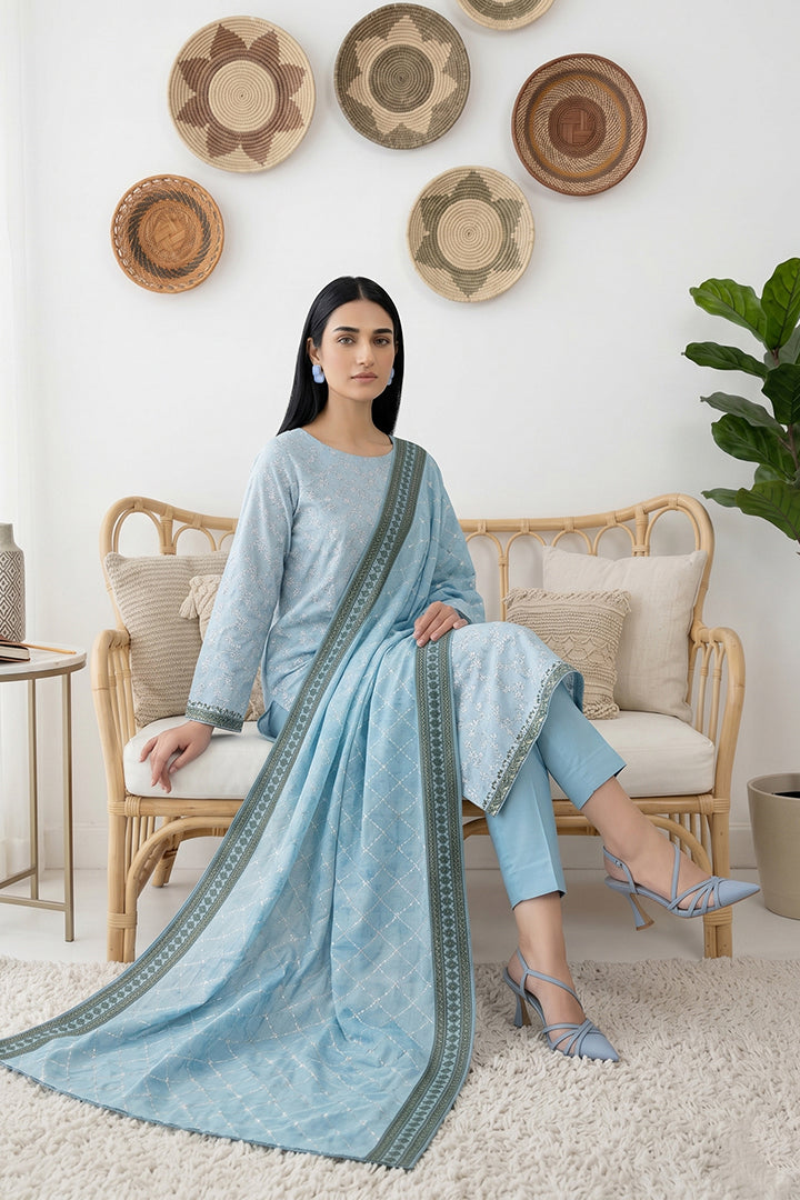 Rimal by UK Vol-61 3PC Unstitched Embroidered Lawn Suit (Light Blue)