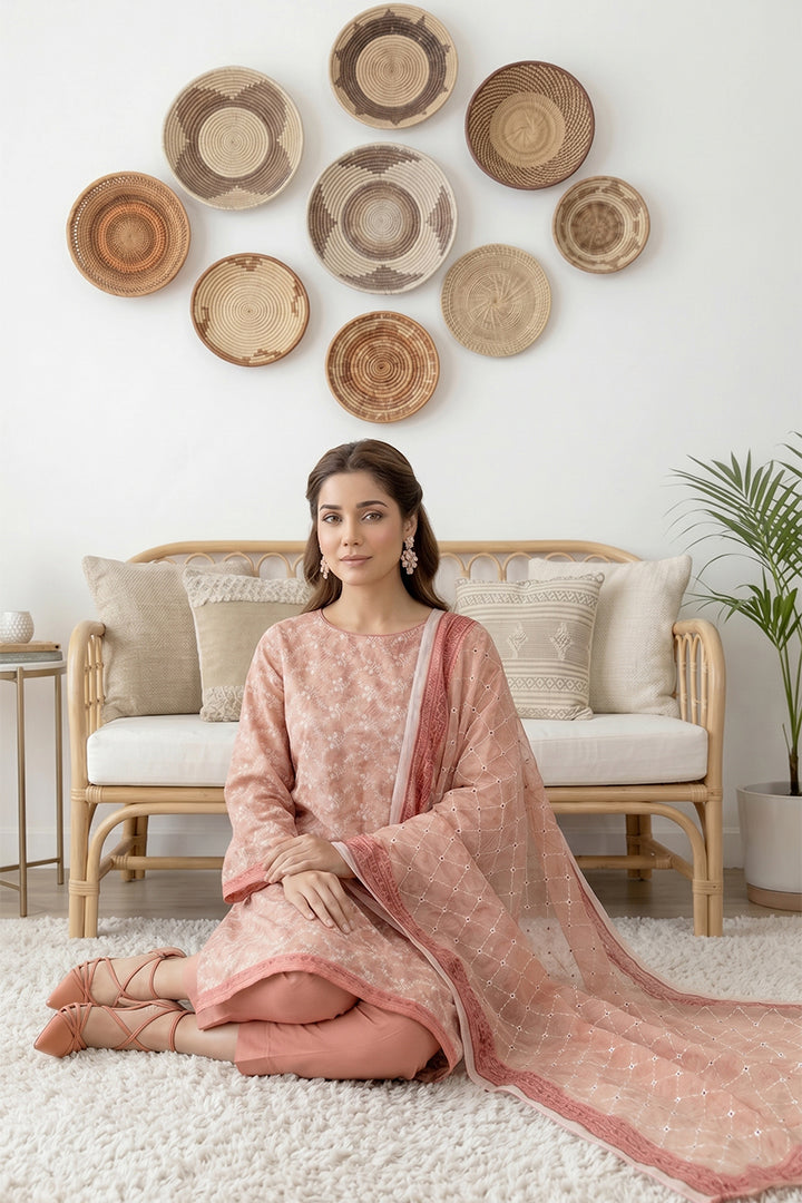 Rimal by UK Vol-61 3PC Unstitched Embroidered Lawn Suit (Peach)