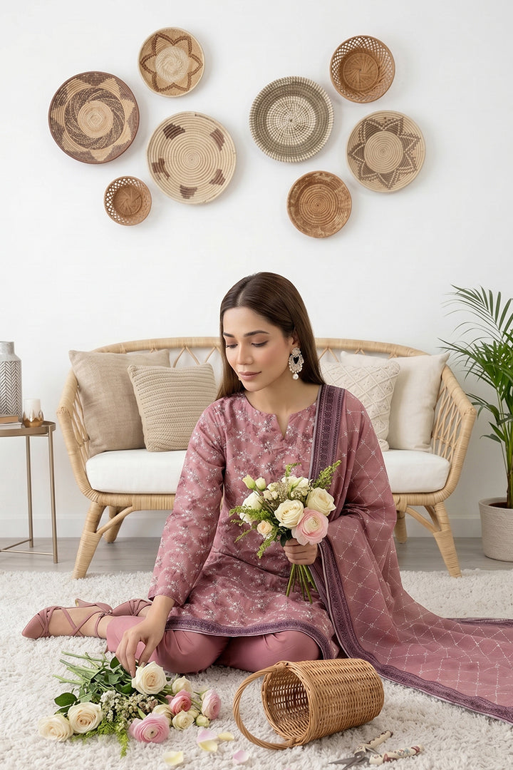 Rimal by UK Vol-61 3PC Unstitched Embroidered Lawn Suit (Light Maroon)
