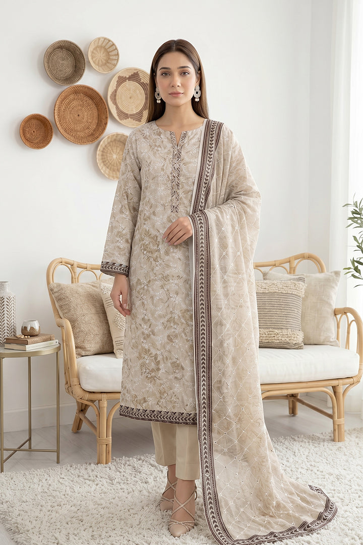 Rimal by UK Vol-61 3PC Unstitched Embroidered Lawn Suit (Light Brown)