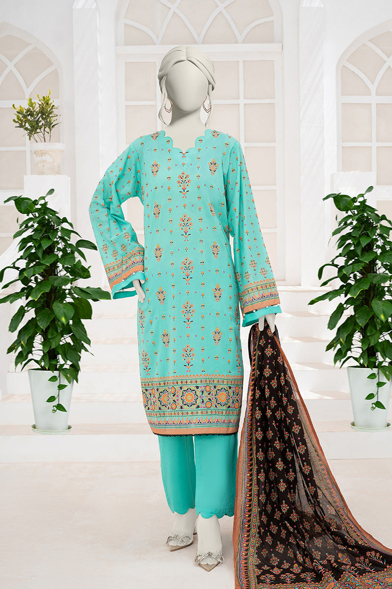 Inaya By KBC Fashion - 3PC Unstitched Printed Lawn Suit (Ice Green & Black)