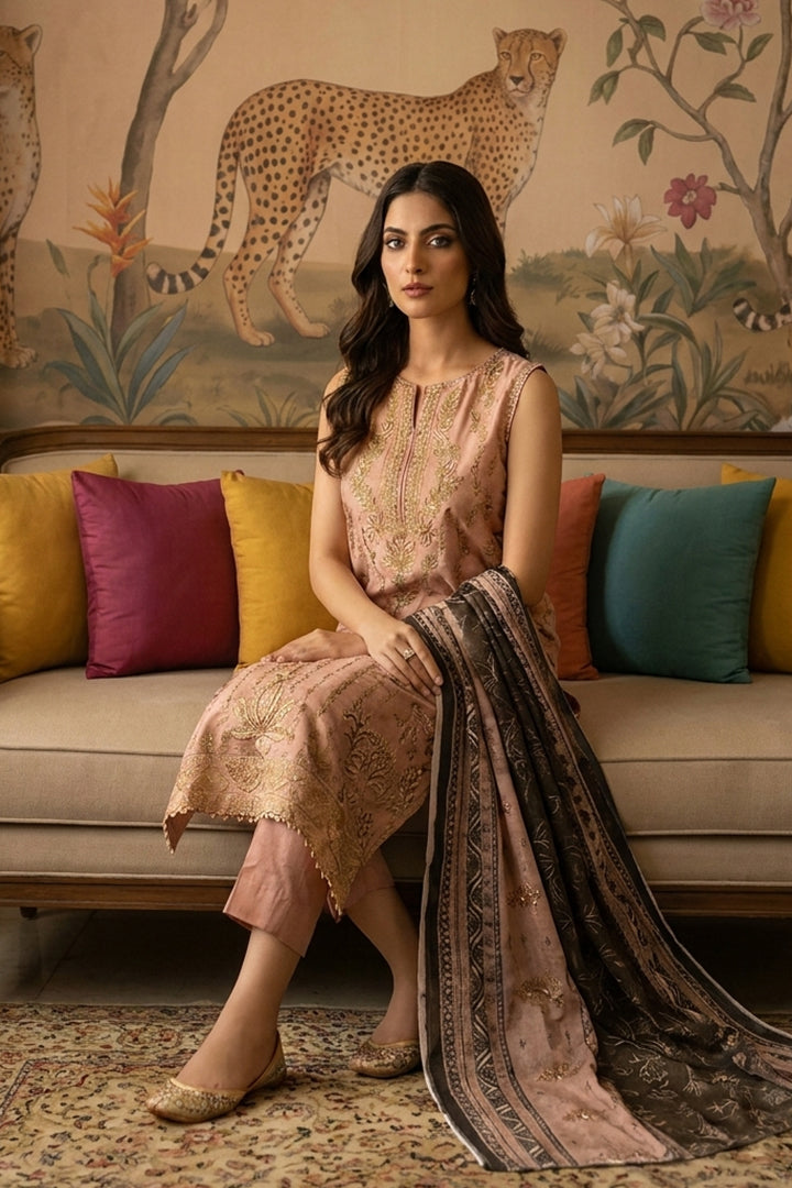 Rimal by UK Vol-22 3PC Unstitched Embroidered Lawn Suit (Gold)