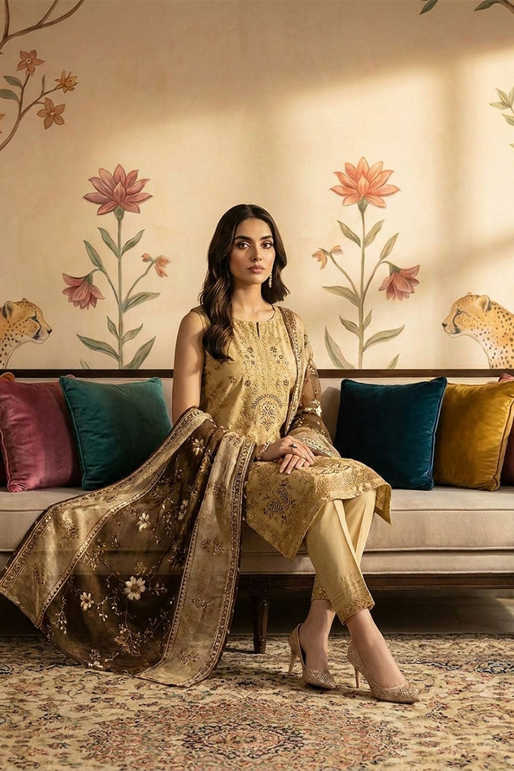 Rimal by UK Vol-22 3PC Unstitched Embroidered Lawn Suit (Light Brown)