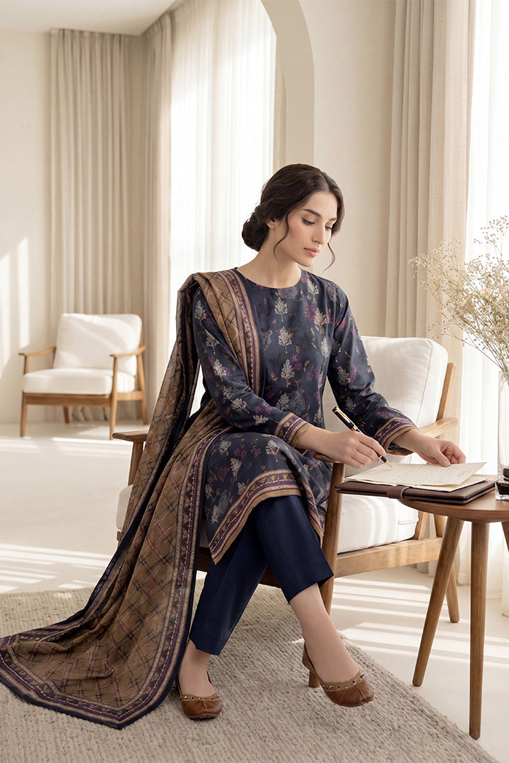 Rimal by UK Vol-65 3PC Unstitched Embroidered Lawn Suit (Navy Blue)