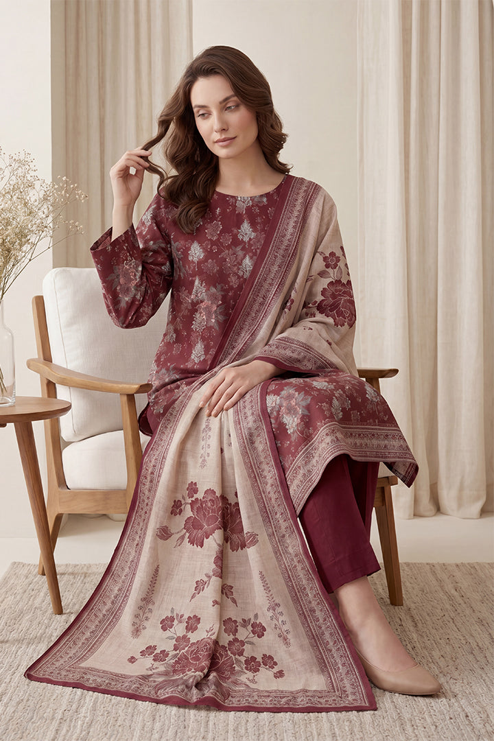 Rimal by UK Vol-65 3PC Unstitched Embroidered Lawn Suit (Light Maroon)
