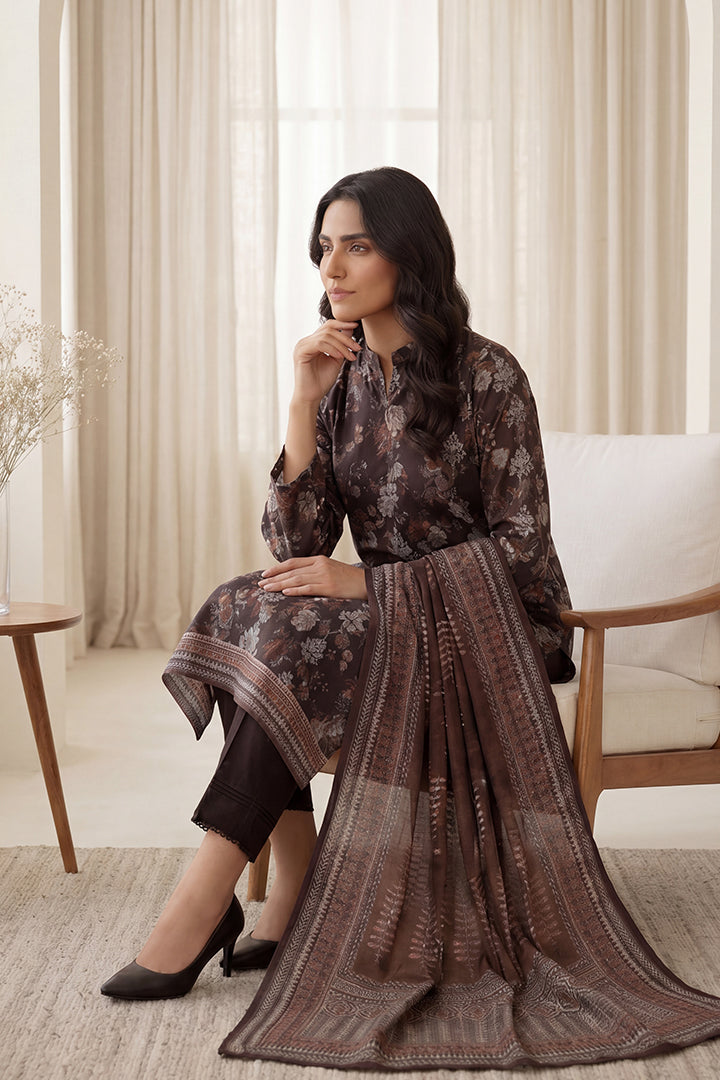 Rimal by UK Vol-65 3PC Unstitched Embroidered Lawn Suit (Dark Brown)