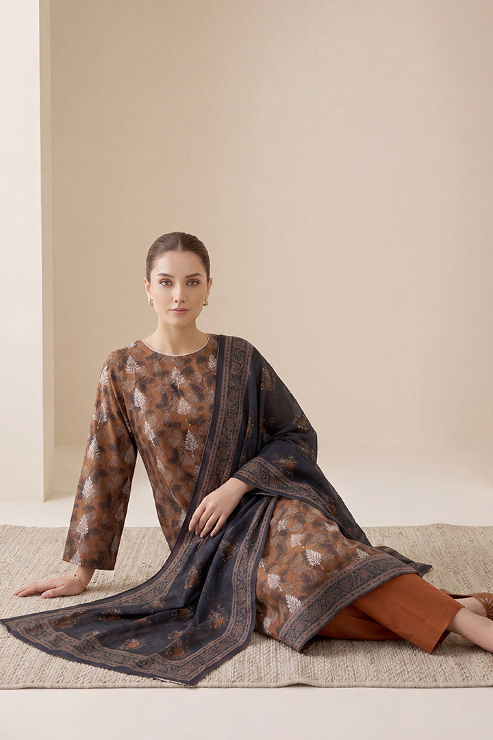 Rimal by UK Vol-65 3PC Unstitched Embroidered Lawn Suit (Brown)