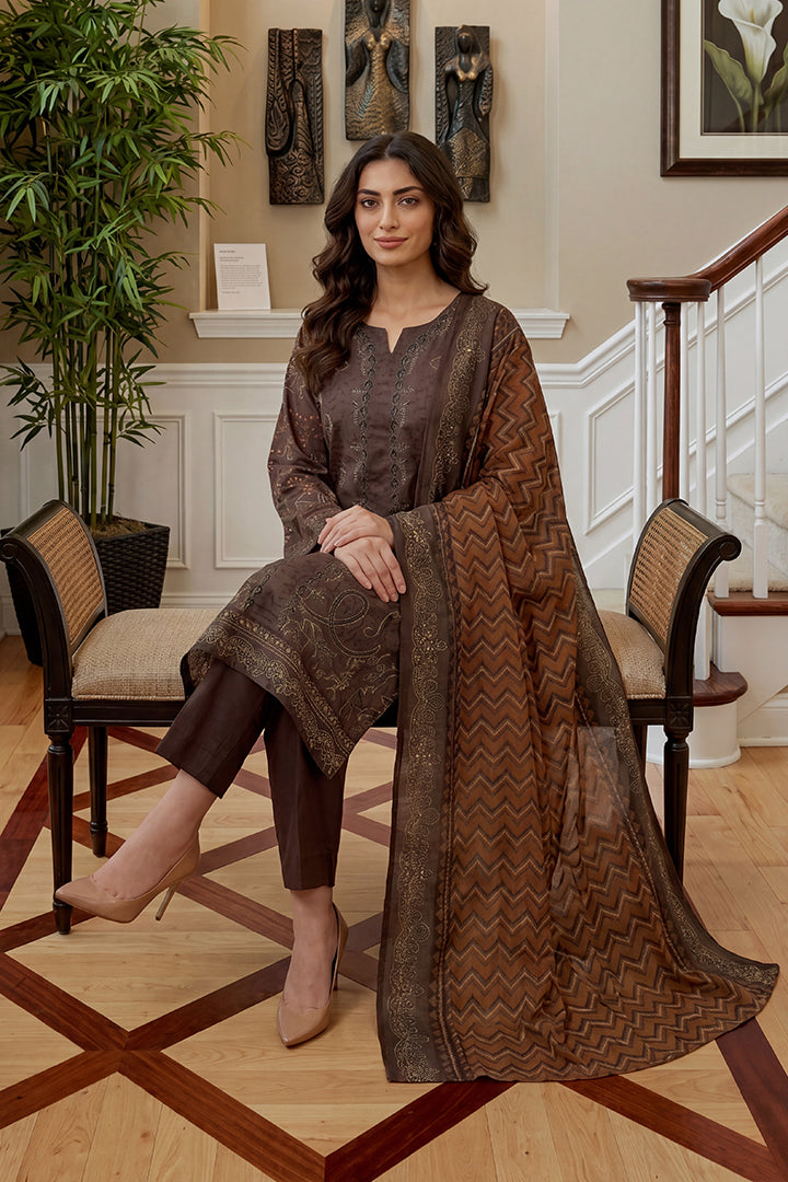 Rimal by UK Vol-46 3PC Unstitched Embroidered Lawn Suit (Brown)