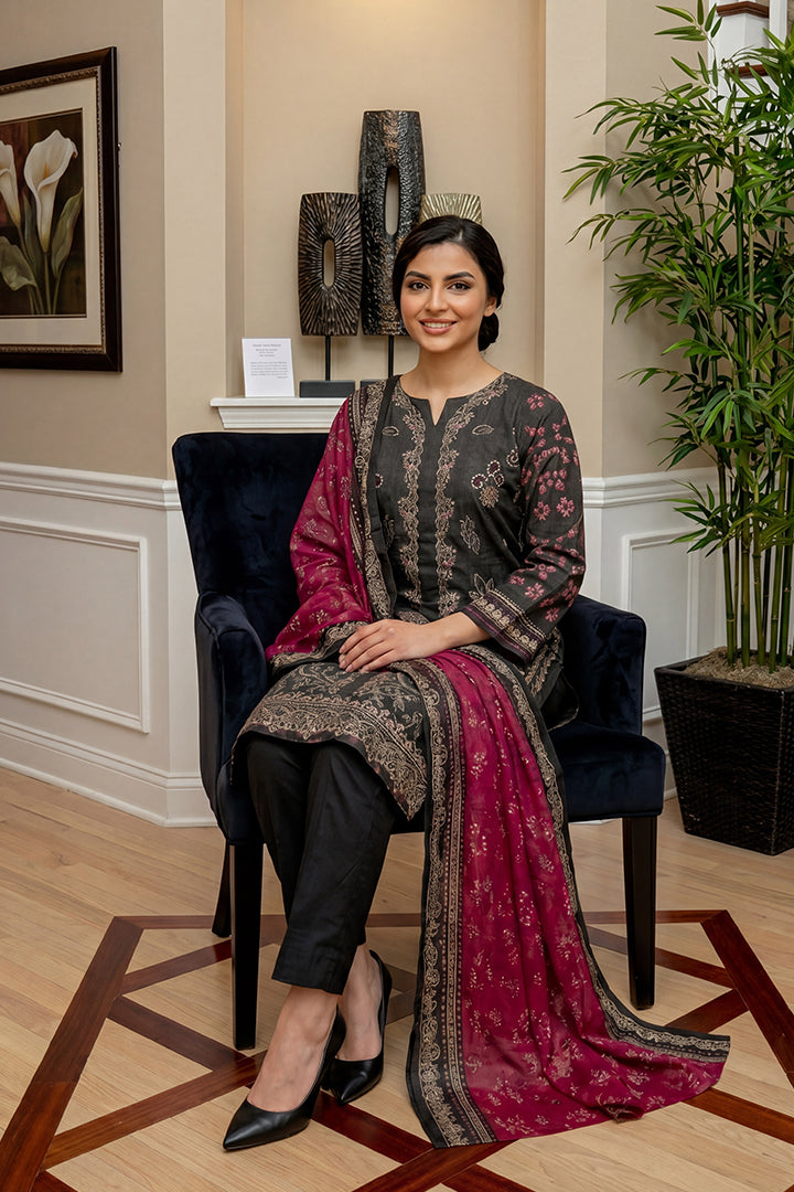 Rimal by UK Vol-46 3PC Unstitched Embroidered Lawn Suit (Black)