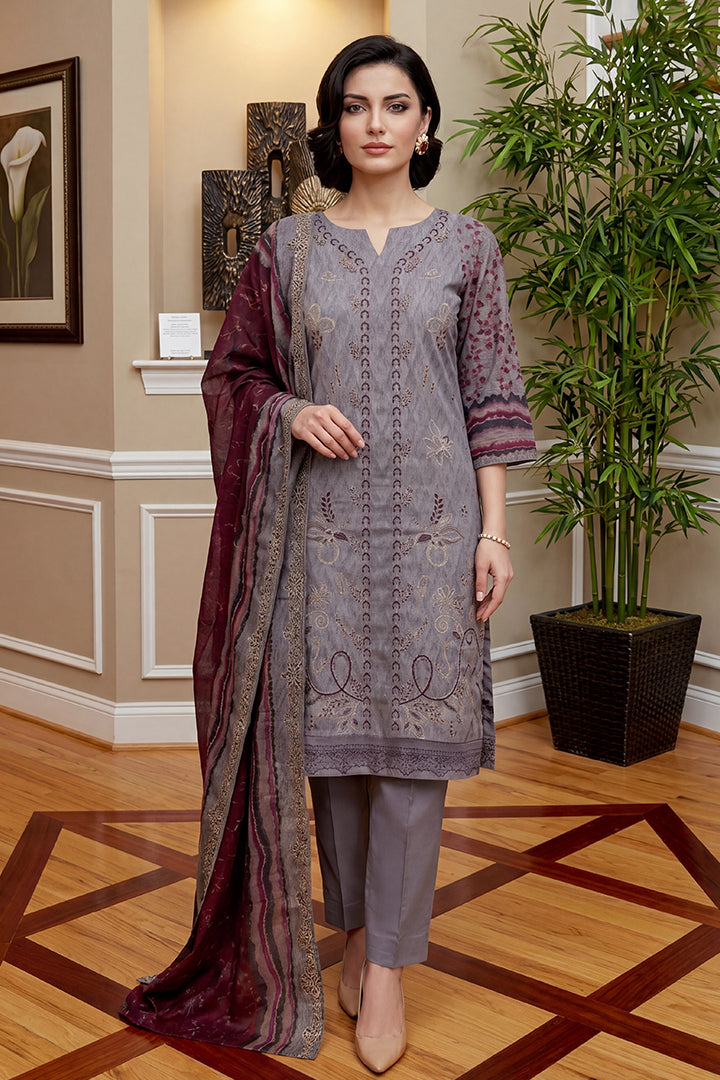 Rimal by UK Vol-46 3PC Unstitched Embroidered Lawn Suit (Grey)