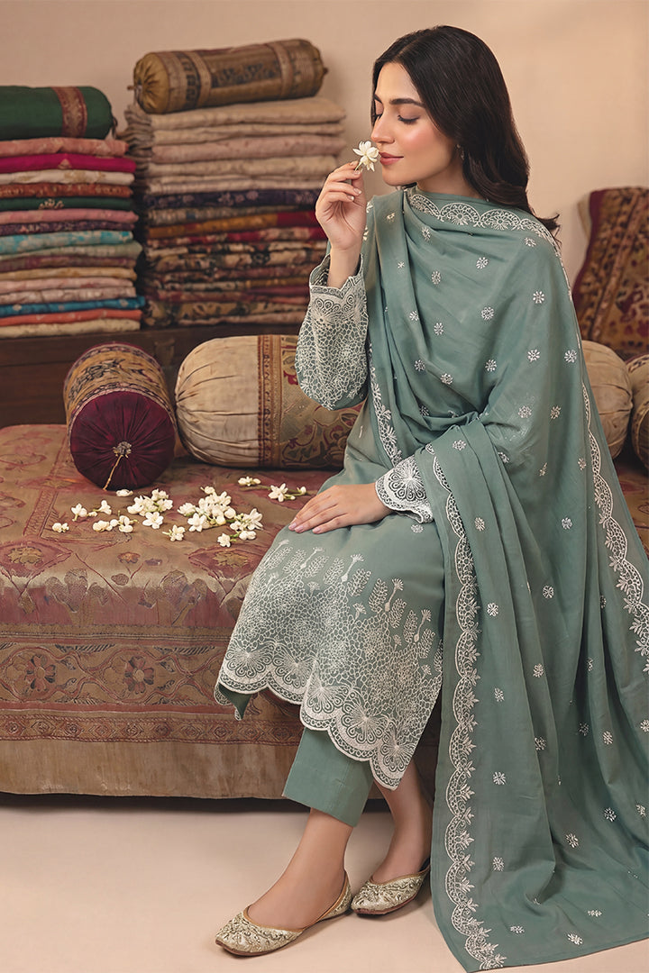 Rimal by UK Vol-48 3PC Unstitched Schiffli Embroidered Lawn Suit (Green)