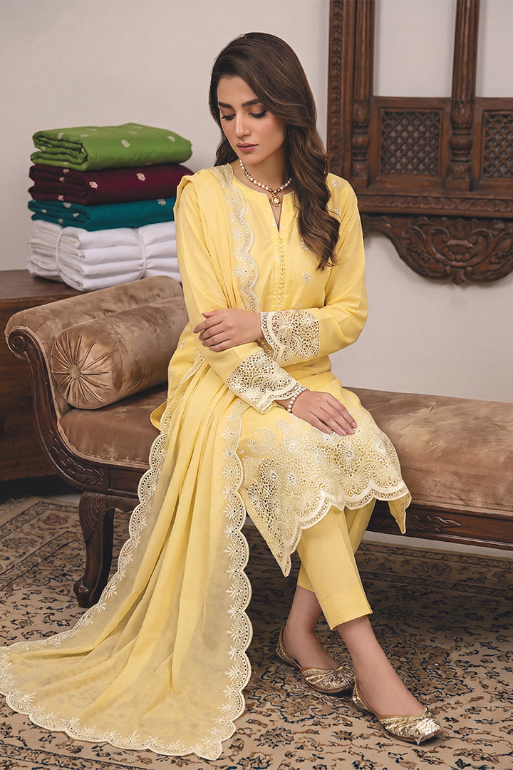 Rimal by UK Vol-48 3PC Unstitched Schiffli Embroidered Lawn Suit (Yellow)