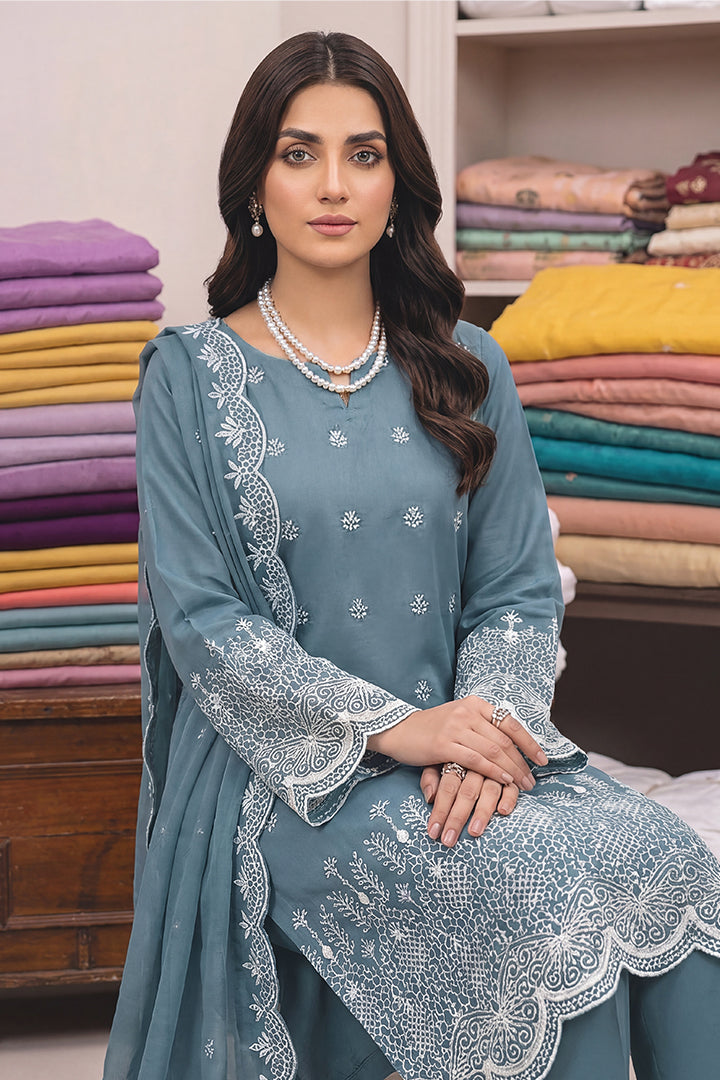 Rimal by UK Vol-48 3PC Unstitched Schiffli Embroidered Lawn Suit (Blue)
