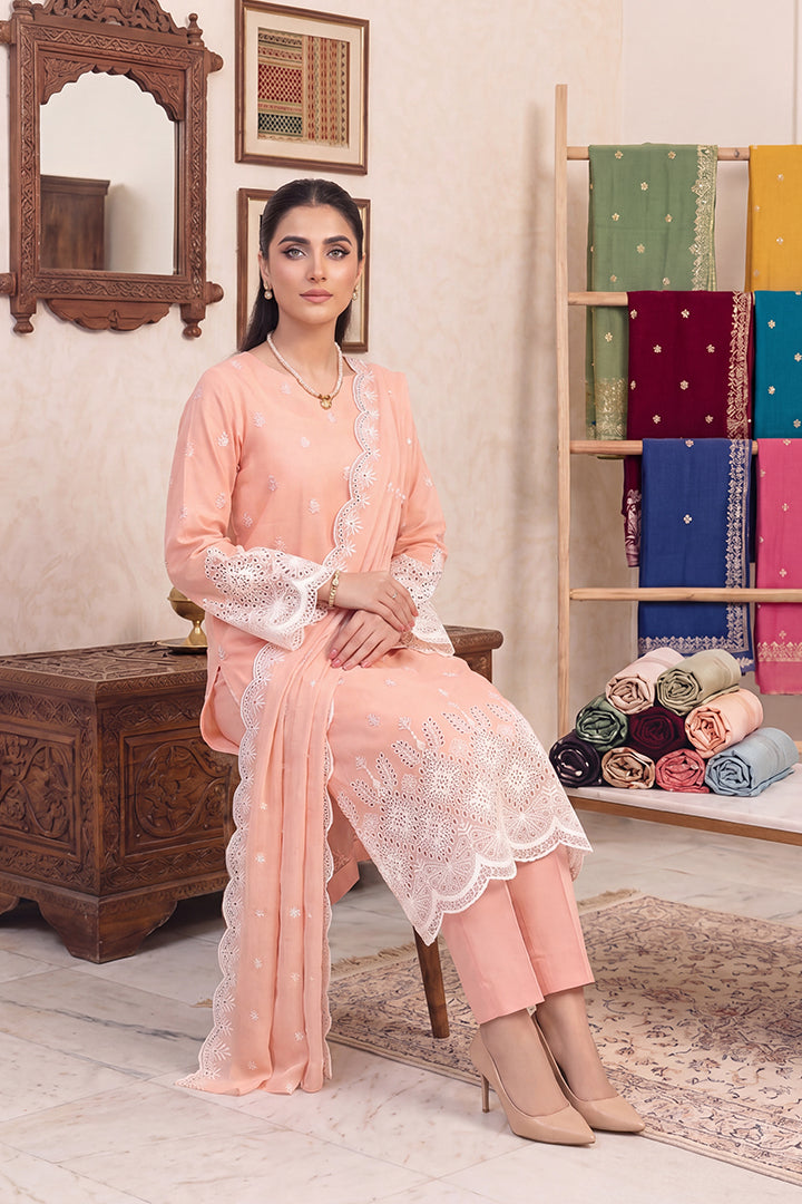 Rimal by UK Vol-48 3PC Unstitched Schiffli Embroidered Lawn Suit (Peach)