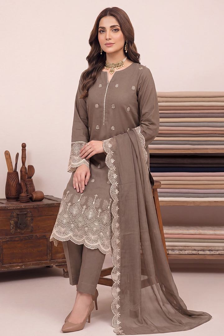 Rimal by UK Vol-48 3PC Unstitched Schiffli Embroidered Lawn Suit (Brown)