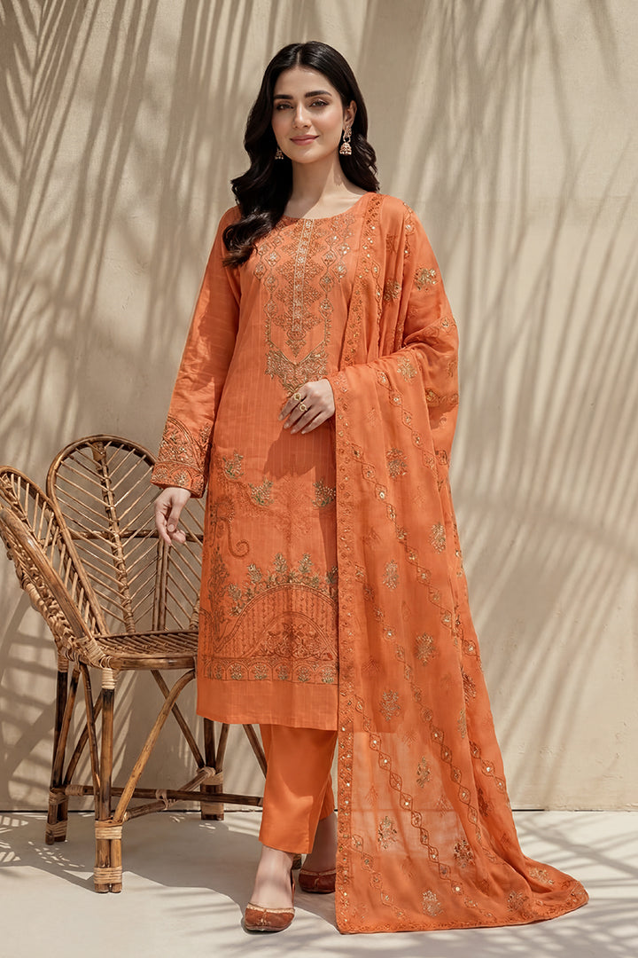 Amira by Breeza Fashion - 3PC Unstitched Embroidered Lawn Suit (Orange)
