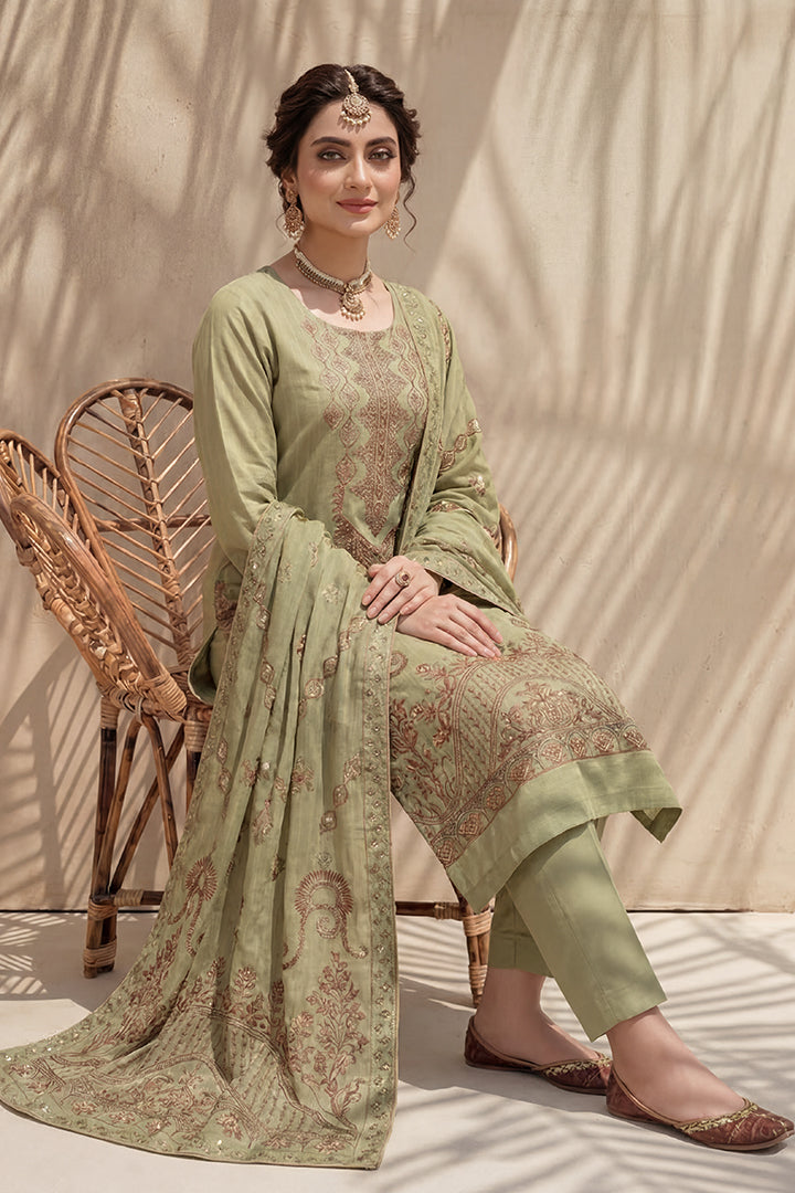 Amira by Breeza Fashion - 3PC Unstitched Embroidered Lawn Suit (Olive Green)