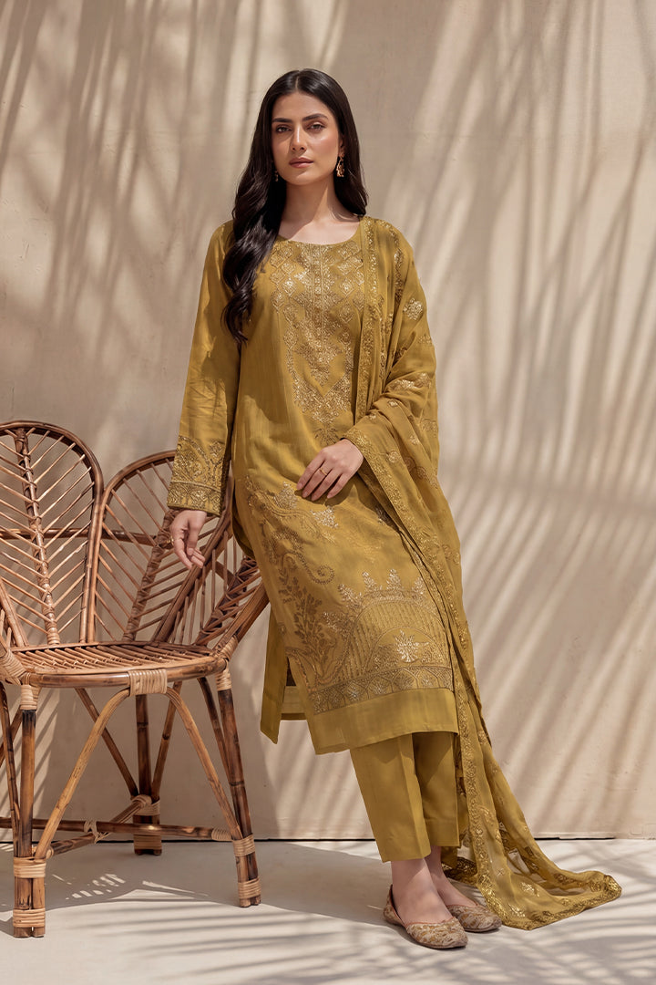 Badshah by Breeza Fashion - 3PC Unstitched Embroidered Lawn Suit (Light Brown)