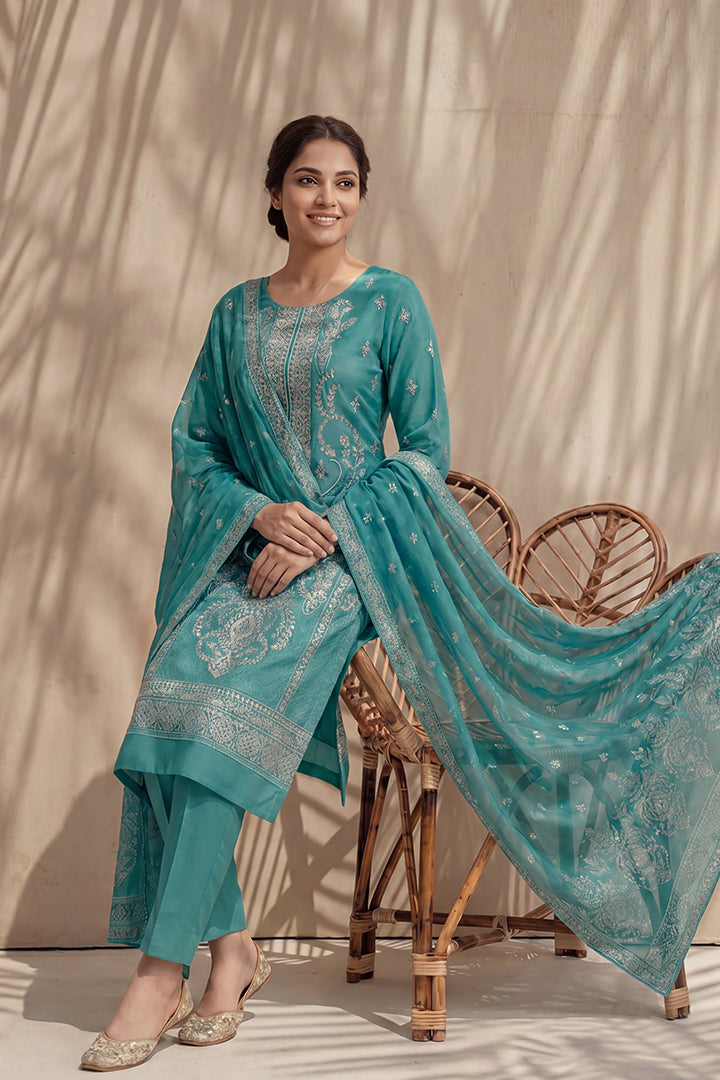 Badshah by Breeza Fashion - 3PC Unstitched Embroidered Lawn Suit (Light Sea Green)
