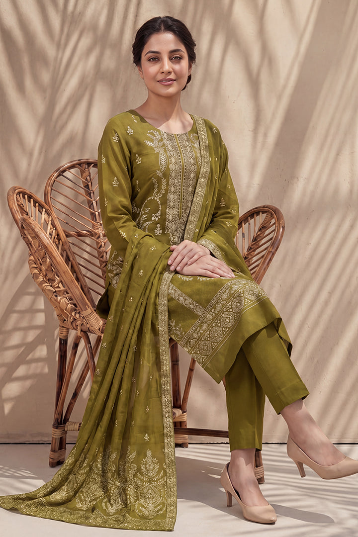 Badshah by Breeza Fashion - 3PC Unstitched Embroidered Lawn Suit (Olive Green)