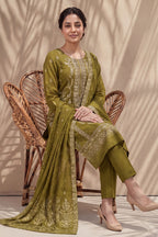 Badshah by Breeza Fashion - 3PC Unstitched Embroidered Lawn Suit (Olive Green)