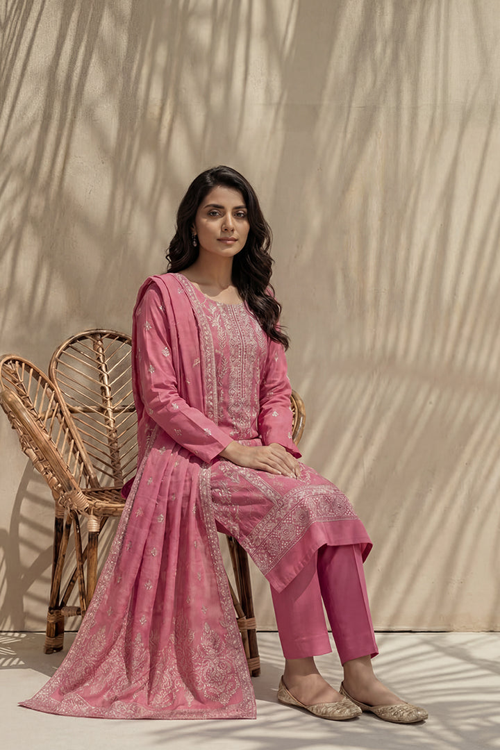 Badshah by Breeza Fashion - 3PC Unstitched Embroidered Lawn Suit (Pink)
