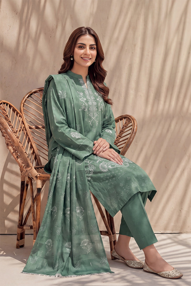 Mughal-E-Azam by Breeza Fashion - 3PC Unstitched Embroidered Lawn Suit (Teal Green)