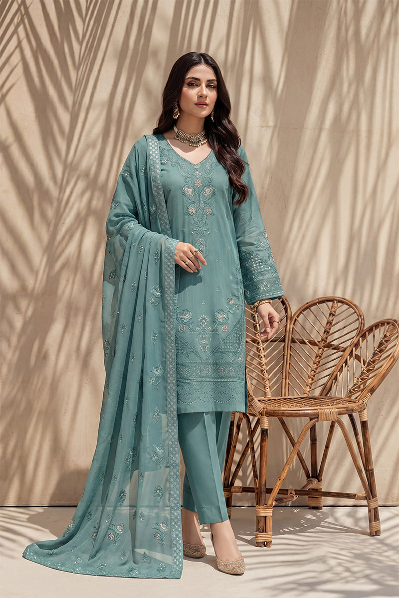 Nishah by Breeza Fashion - 3PC Unstitched Embroidered Lawn Suit (Teal Blue)