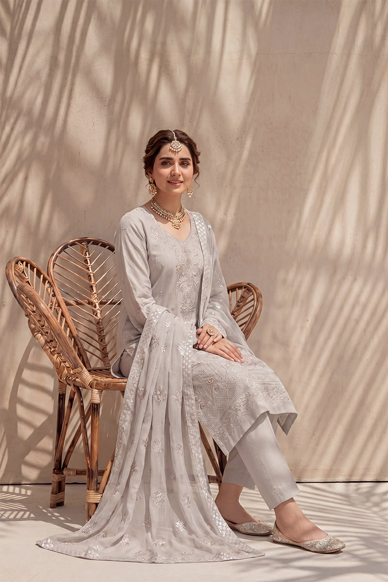 Nishah by Breeza Fashion - 3PC Unstitched Embroidered Lawn Suit (Silver)