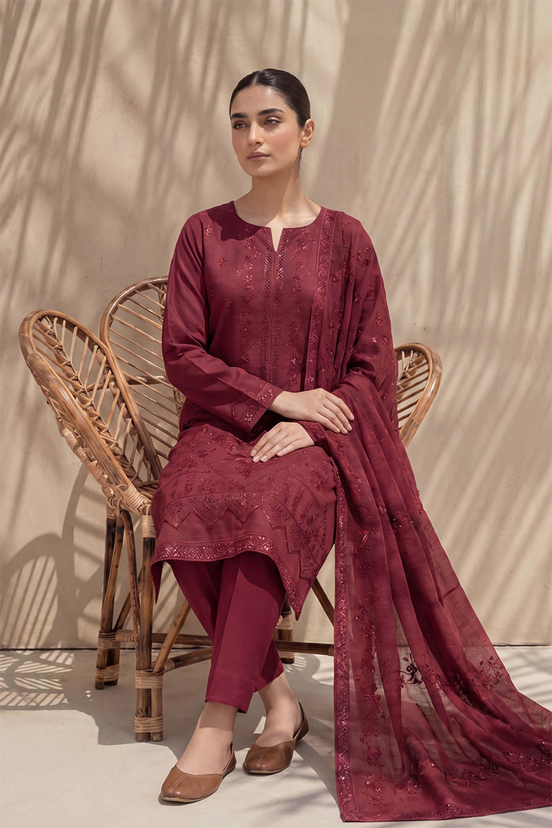 Sania by Breeza Fashion - 3PC Unstitched Embroidered Lawn Suit (Maroon)