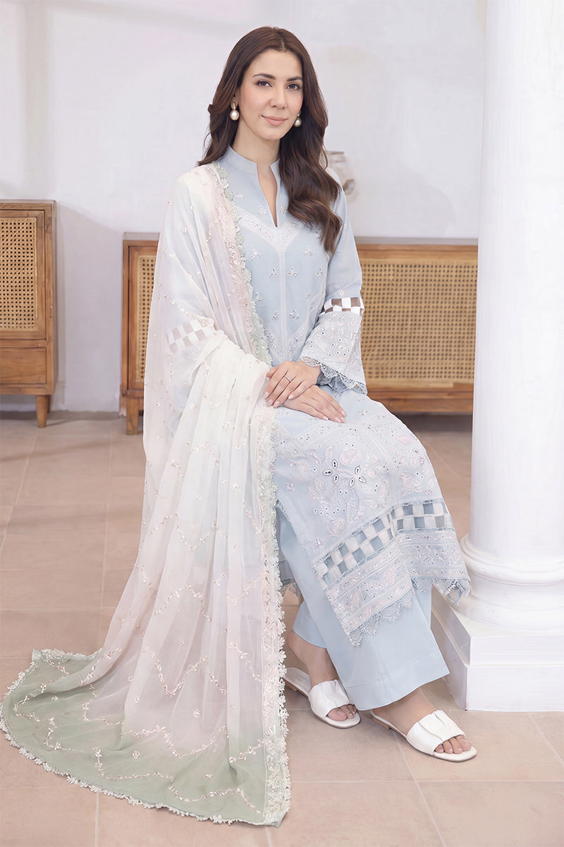 Mashaim By Johra - 3PC Unstitched Embroidered Lawn Suit (Light Blue & White)