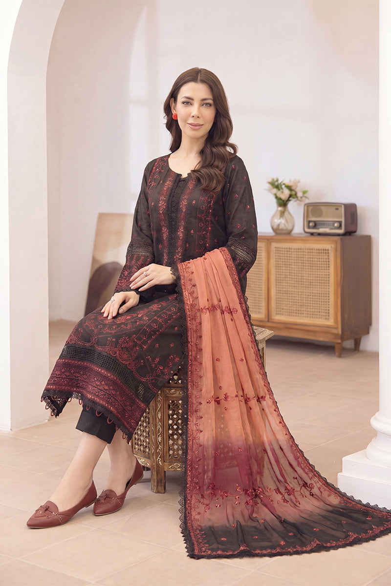 Mashaim By Johra - 3PC Unstitched Embroidered Lawn Suit (Black & Terracotta)