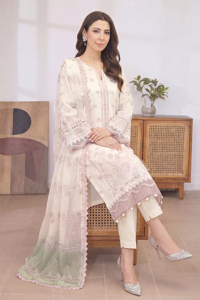 Mashaim By Johra - 3PC Unstitched Embroidered Lawn Suit (White & Raffia Pink)