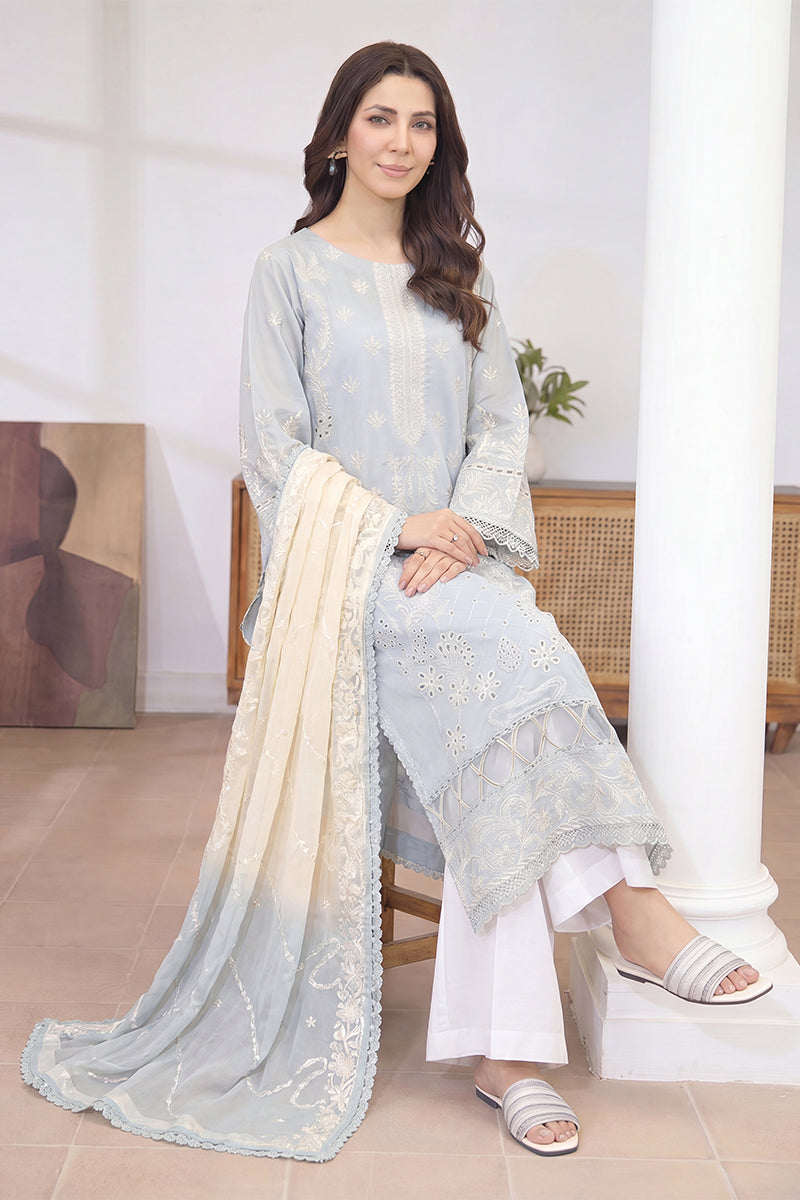 Mashaim By Johra - 3PC Unstitched Embroidered Lawn Suit (Light Aqua)