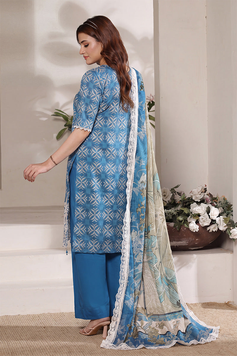Dhagakari By Moosajee - 3PC Unstitched Embroidered Lawn Suit (Teal Blue)