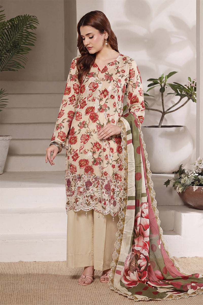 Dhagakari By Moosajee - 3PC Unstitched Embroidered Lawn Suit (Beige & Red)
