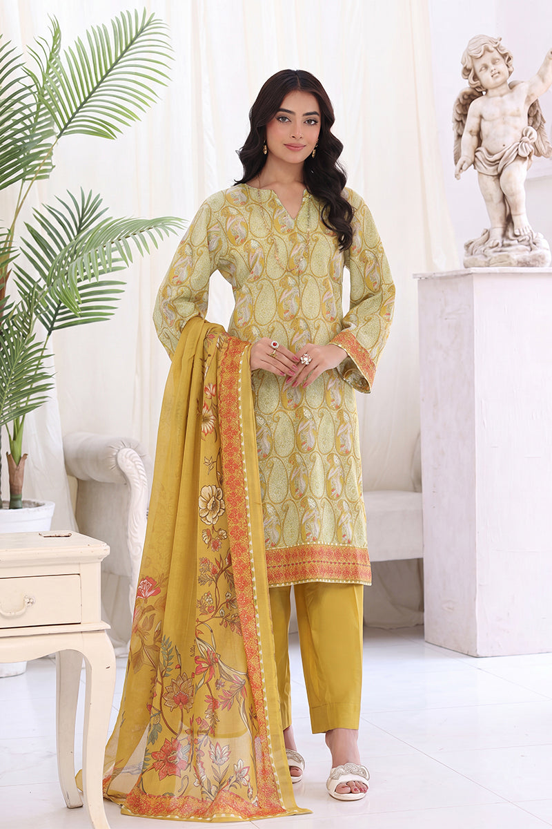 Izhaan Platinum By MJ - 3PC Unstitched Printed Lawn Suit (Pistachio & Olive Gold)