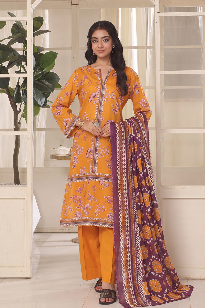 Izhaan Platinum By MJ - 3PC Unstitched Printed Lawn Suit (Orange & Purple)
