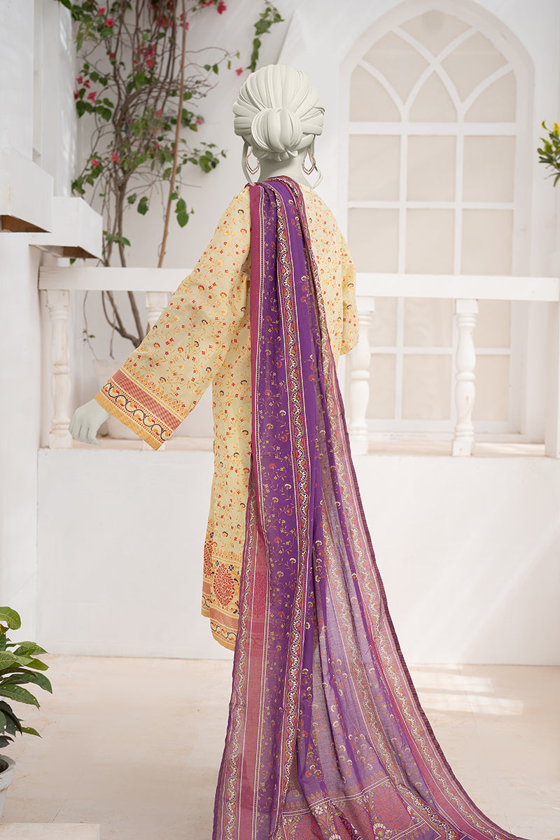Inaya By KBC Fashion - 3PC Unstitched Printed Lawn Suit (Pastel Yellow & Purple)