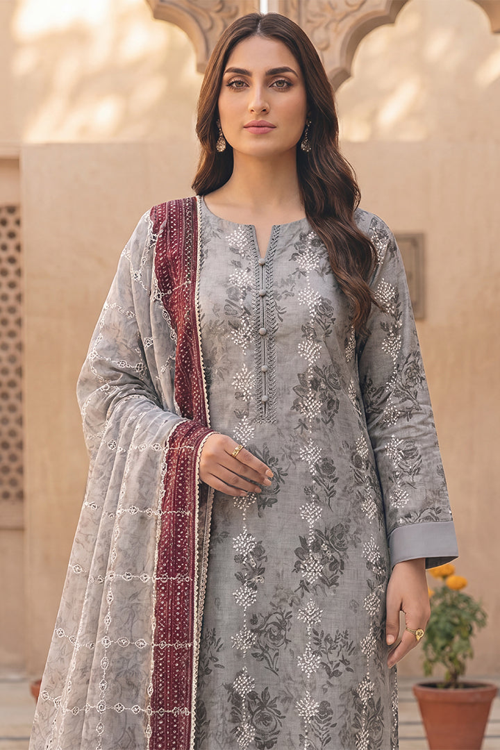 Rimal by UK Vol-54 3PC Unstitched Embroidered Lawn Suit (Grey)