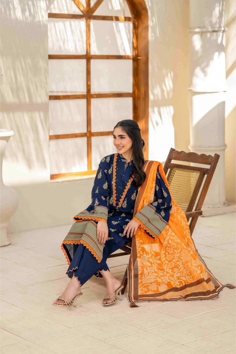 Inaya By KBC Fashion – 3 Pcs Unstitched Printed Lawn Suit (Dark Blue)
