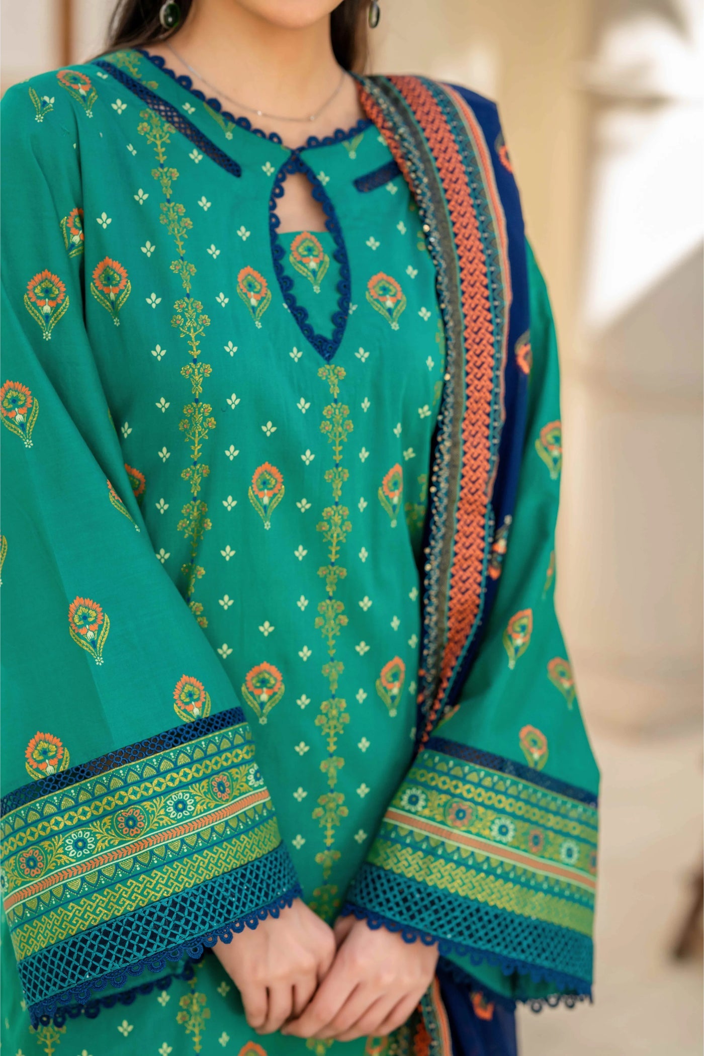Inaya By KBC Fashion Emerald Green Printed 3-Piece Stitched Suit with Navy Blue Dupatta