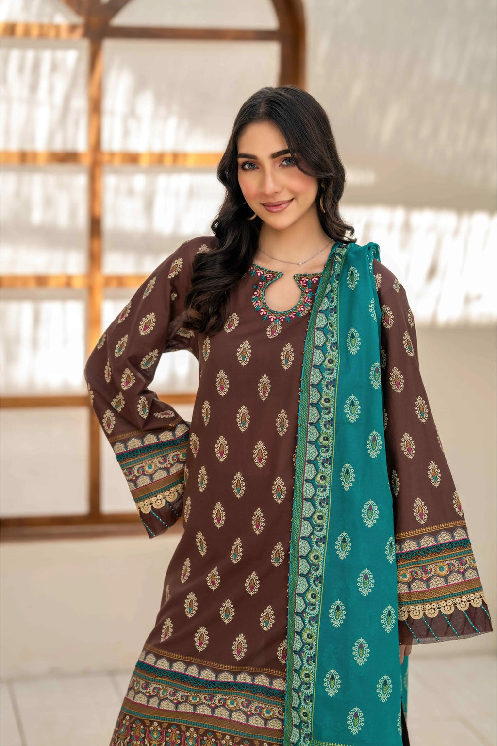 Inaya By KBC Fashion Brown Printed 3-Piece Stitched Suit with Dupatta