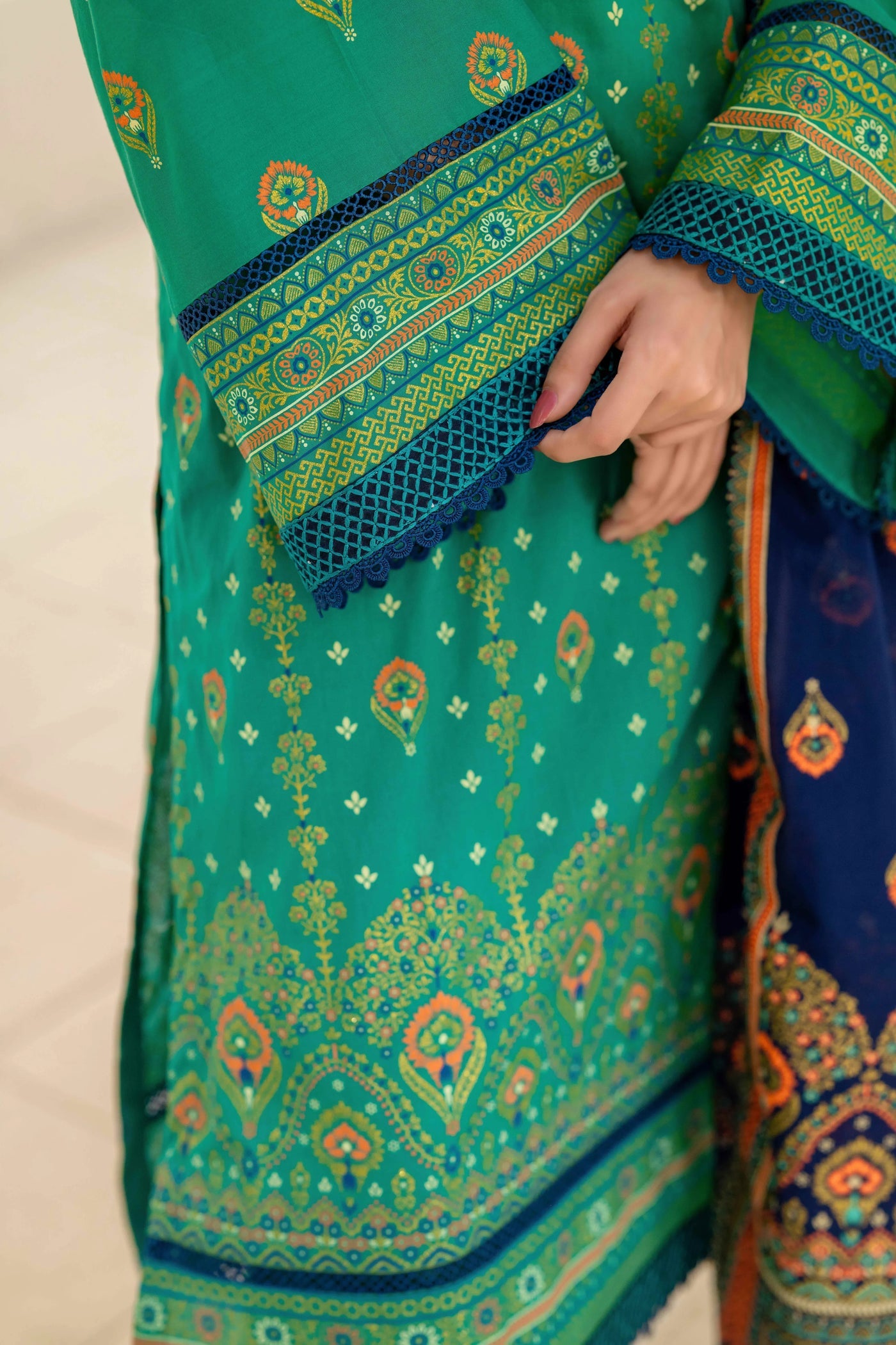 Inaya By KBC Fashion Emerald Green Printed 3-Piece Stitched Suit with Navy Blue Dupatta