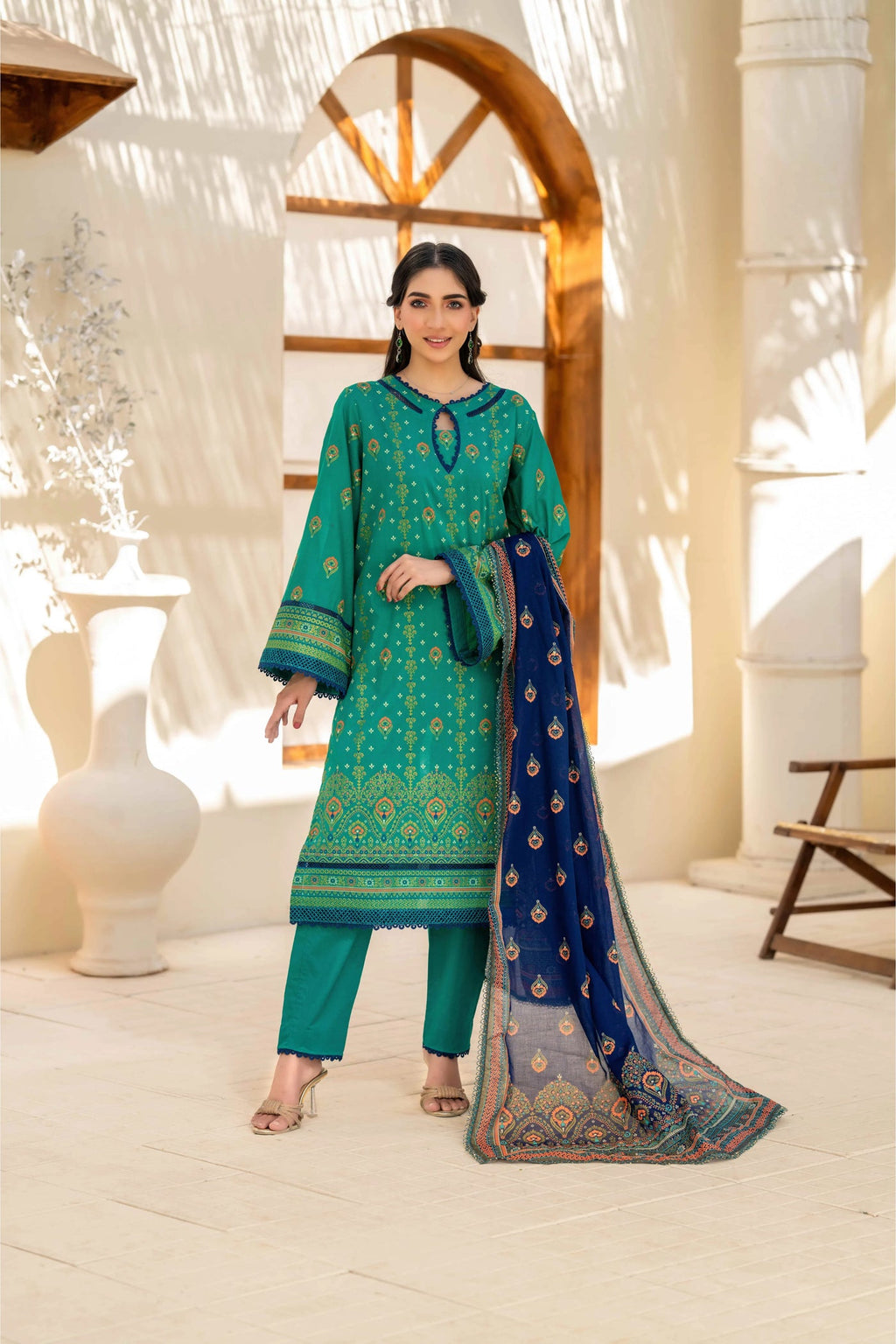 Inaya By KBC Fashion Emerald Green Printed 3-Piece Stitched Suit with Navy Blue Dupatta