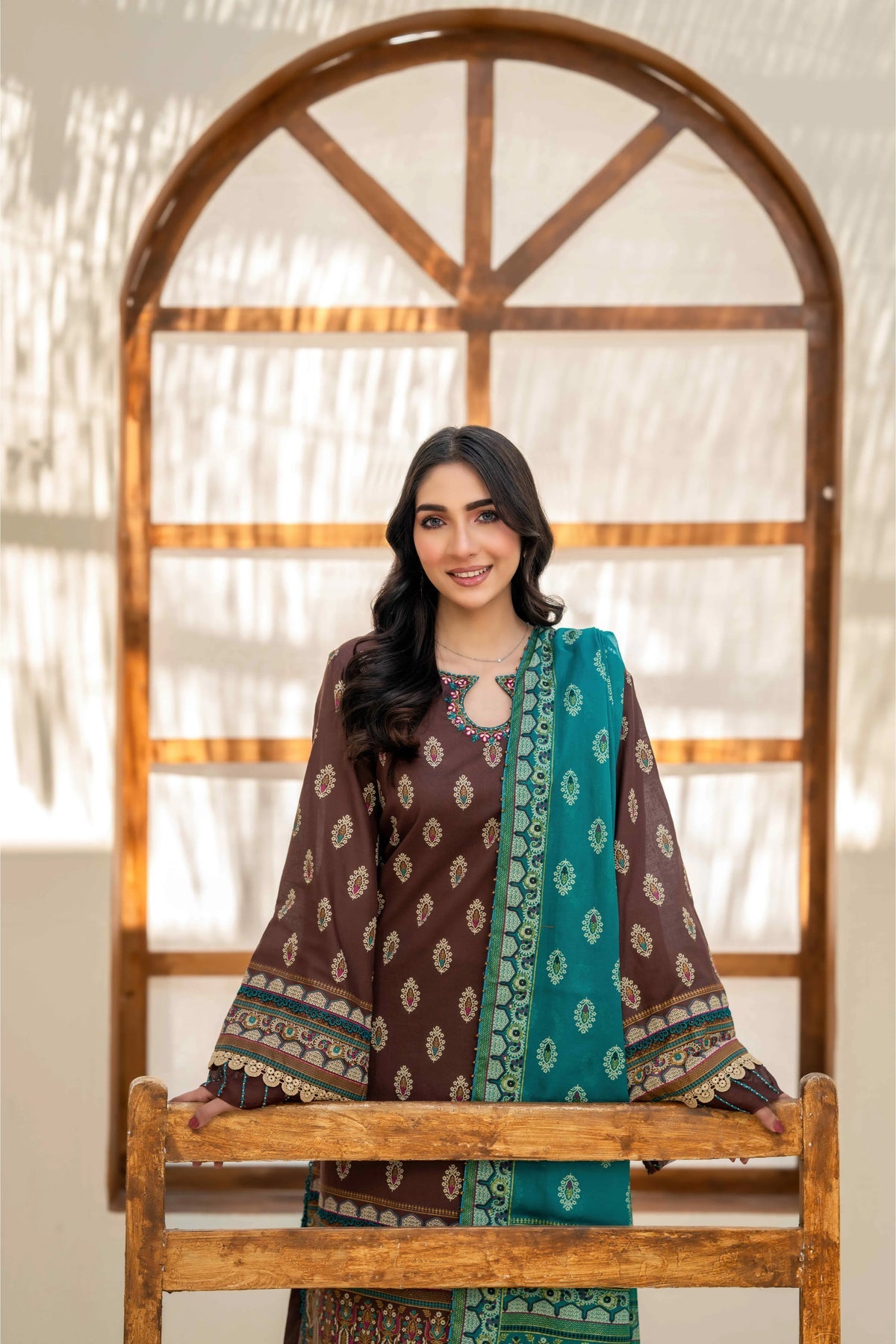 Inaya By KBC Fashion Brown Printed 3-Piece Stitched Suit with Dupatta