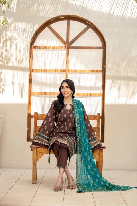 Inaya By KBC Fashion – 3 Pcs Unstitched Printed Lawn Suit (Brown)