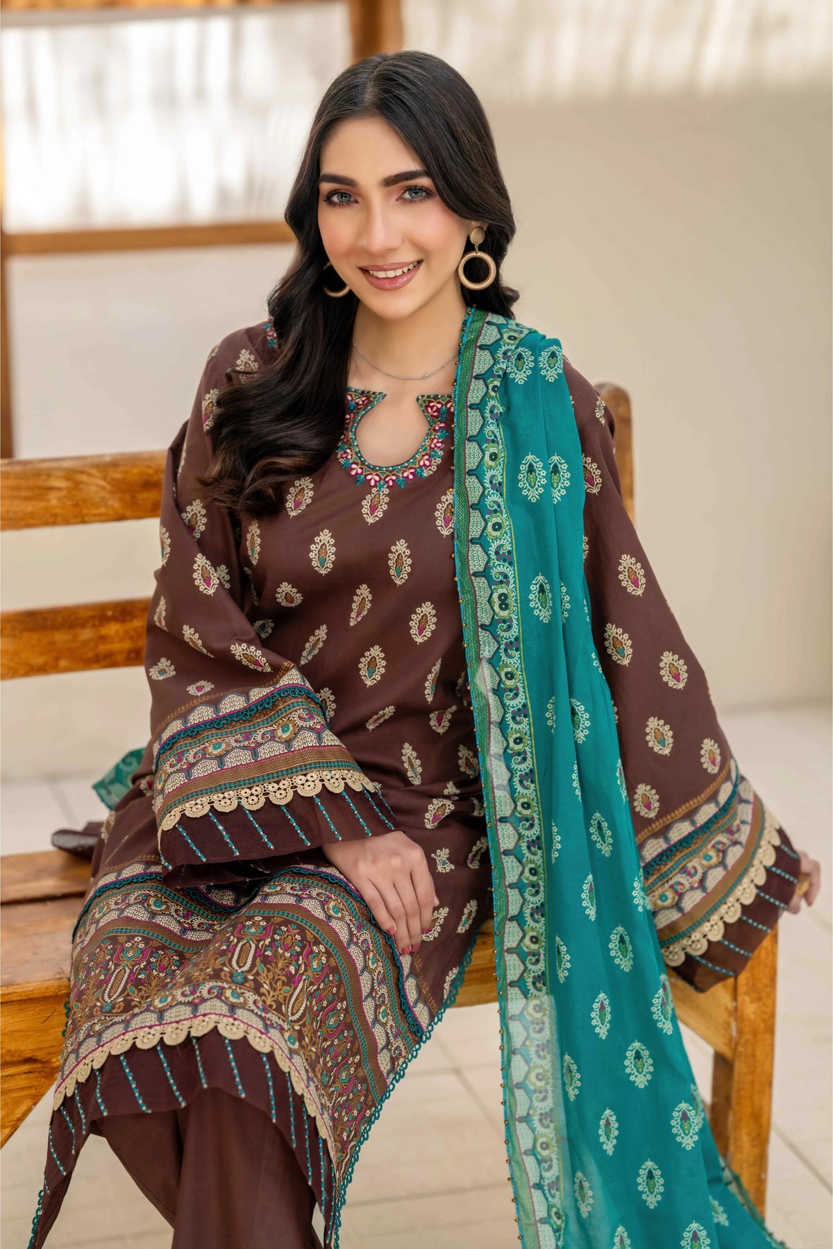 Inaya By KBC Fashion Brown Printed 3-Piece Stitched Suit with Dupatta