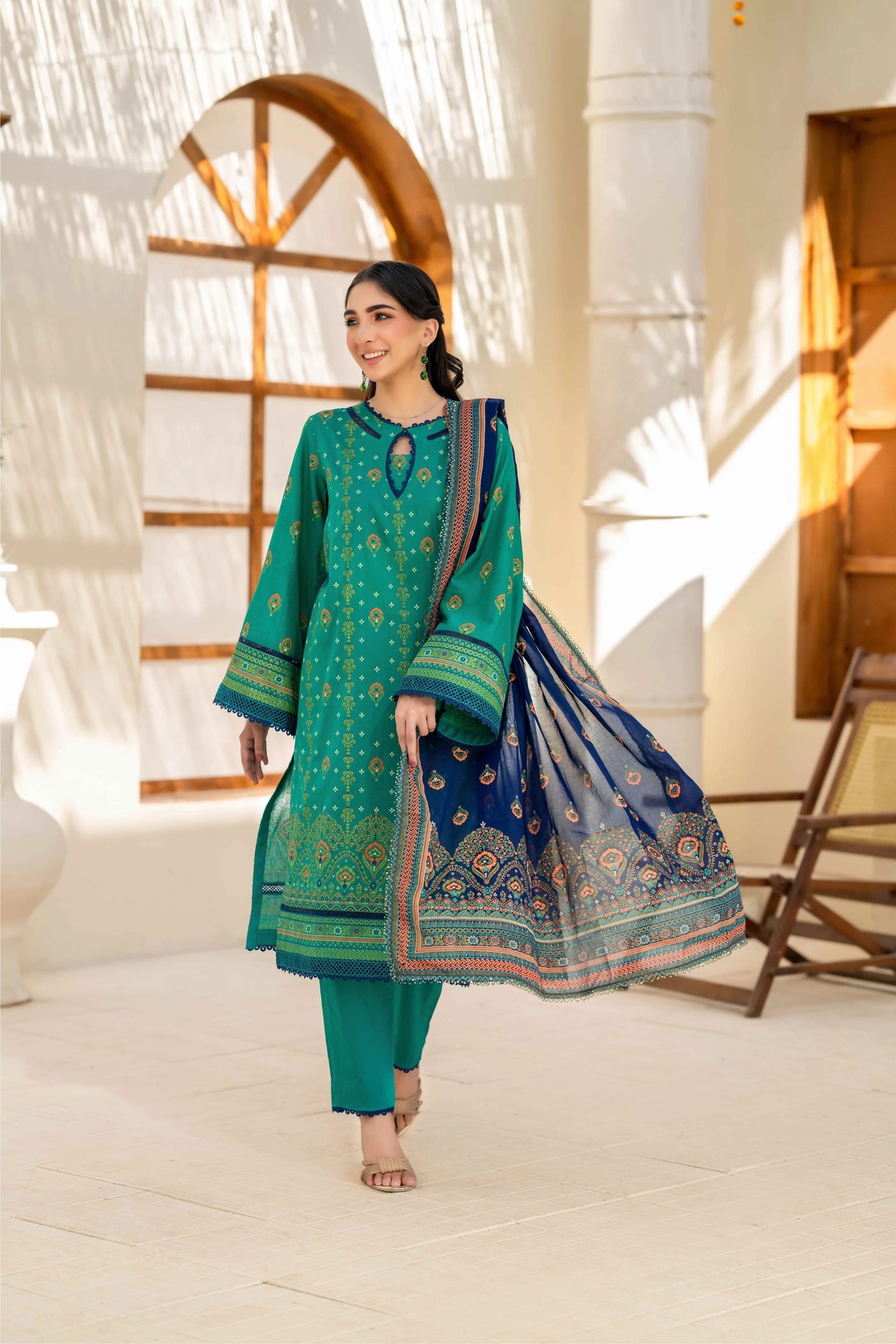 Inaya By KBC Fashion Emerald Green Printed 3-Piece Stitched Suit with Navy Blue Dupatta