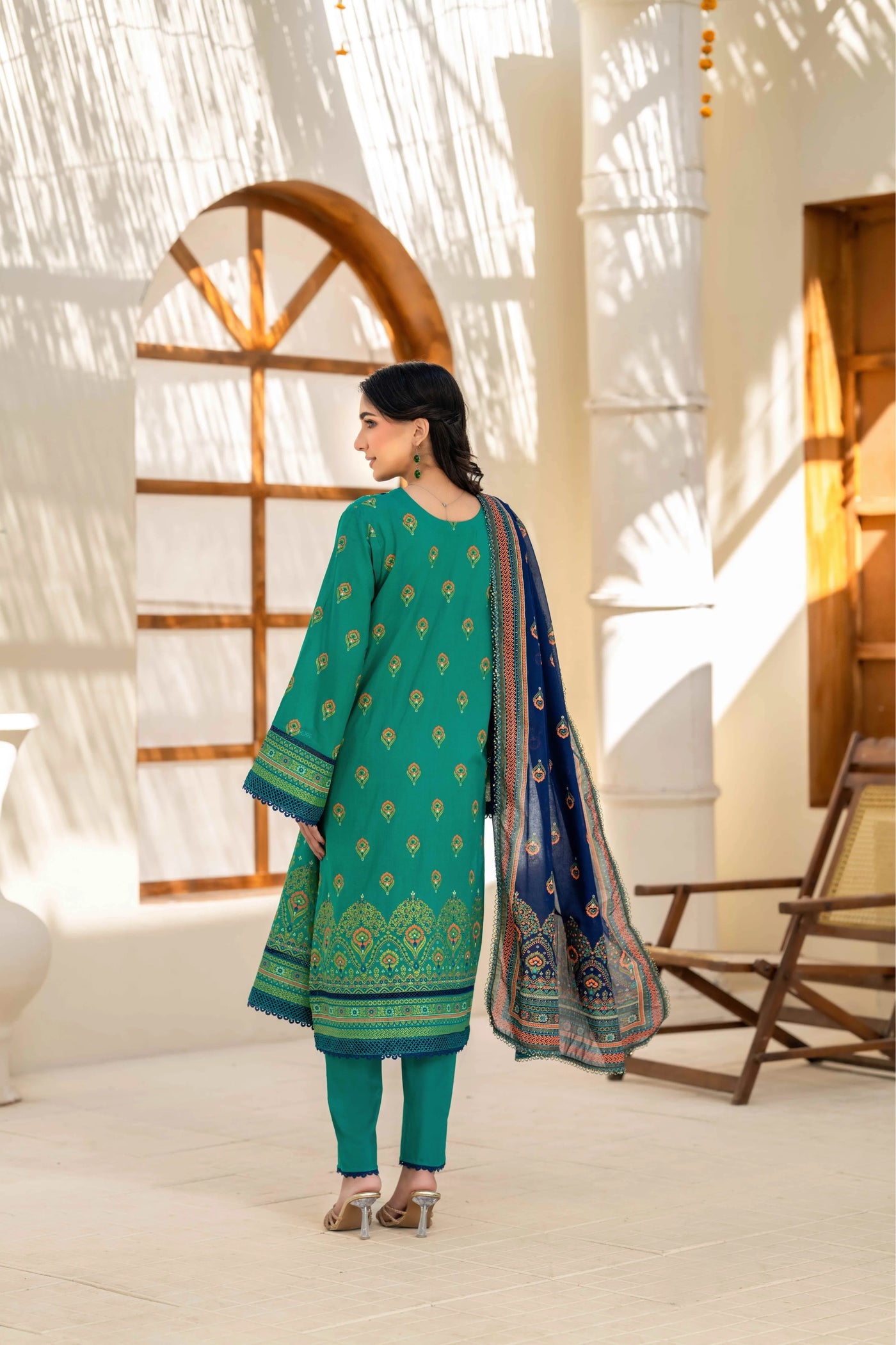 Inaya By KBC Fashion Emerald Green Printed 3-Piece Stitched Suit with Navy Blue Dupatta